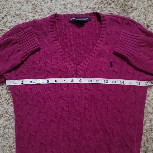 Ralph Lauren Sport Cable Knit Sweater Womens L Magenta Pink V-Neck Cotton - Picture 4 of 7